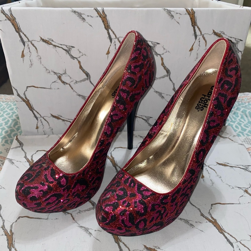 Red/Pink Leopard Print glitter Charlotte Russe heels size 9
